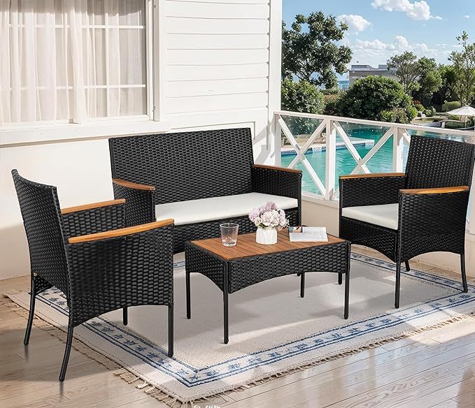 4-Piece Patio Furniture Set, Outdoor Wicker Patio Conversation Furniture Set