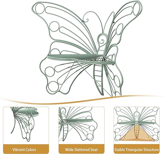 50 Inches Outdoor Bench, Cast Iron Metal Frame Patio Outdoor Garden Bench with Butterfly Inspired Pattern, Front Porch Bench for Outdoors, Deck, Lawn, Balcony, Backyard