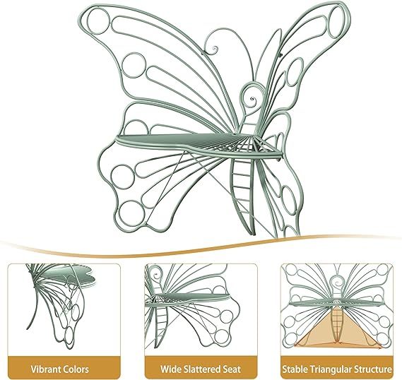 50 Inches Outdoor Bench, Cast Iron Metal Frame Patio Outdoor Garden Bench with Butterfly Inspired Pattern, Front Porch Bench for Outdoors, Deck, Lawn, Balcony, Backyard