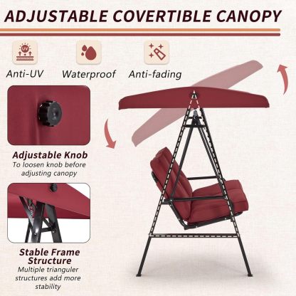 2-Seat Outdoor Patio Swing Chair, Canopy Swing with Removable Cushions & Adjustable Canopy & Steel Frame for Garden, Porch, Balcony, Backyard, Red