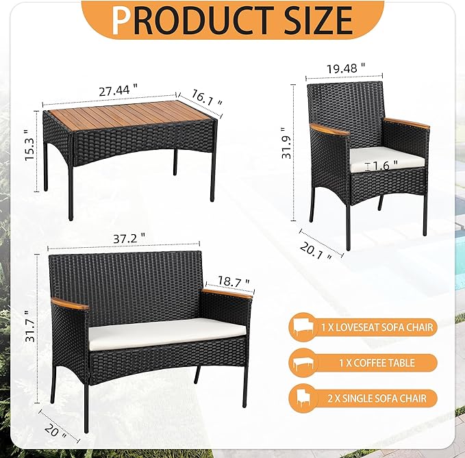 4-Piece Patio Furniture Set, Outdoor Wicker Patio Conversation Furniture Set