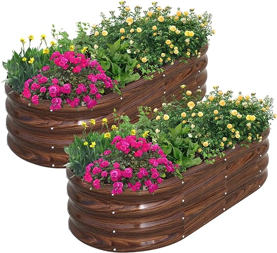 Galvanized Raised Garden Bed Outdoor, 2 Pcs 4x2x1ft Oval Metal Planter Box for Planting Plants Vegetables, Brown