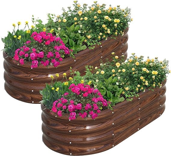 Galvanized Raised Garden Bed Outdoor, 2 Pcs 4x2x1ft Oval Metal Planter Box for Planting Plants Vegetables, Brown