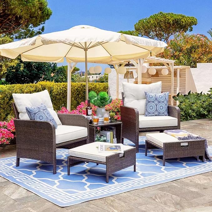 5 Pieces Outdoor Wicker Patio Furniture Set, All Weather PE Rattan Conversation Set