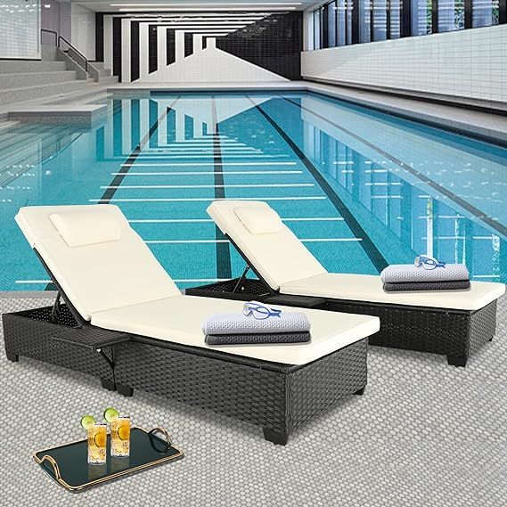 Outdoor Chaise Lounge Patio Wicker Lounge Chair Adjustable with 5-Position Design Wooden Texture for Patio, Beach and Poolside (White)f