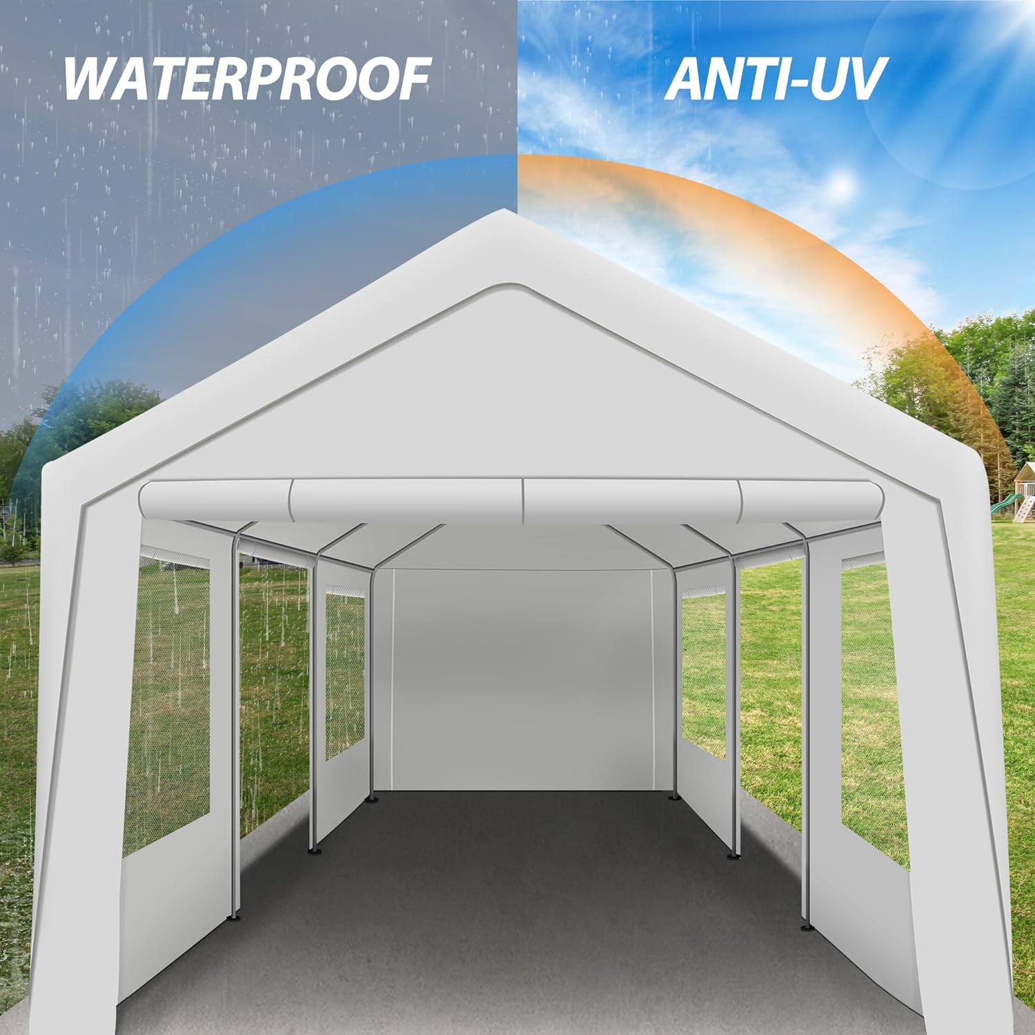 Upgraded 10 x 20Ft Heavy Duty Carport, Portable Garage Shelter with with Roll-up Sidewall and Ventilated Windows, Sand Bags, for Truck, Boat, Car(White)