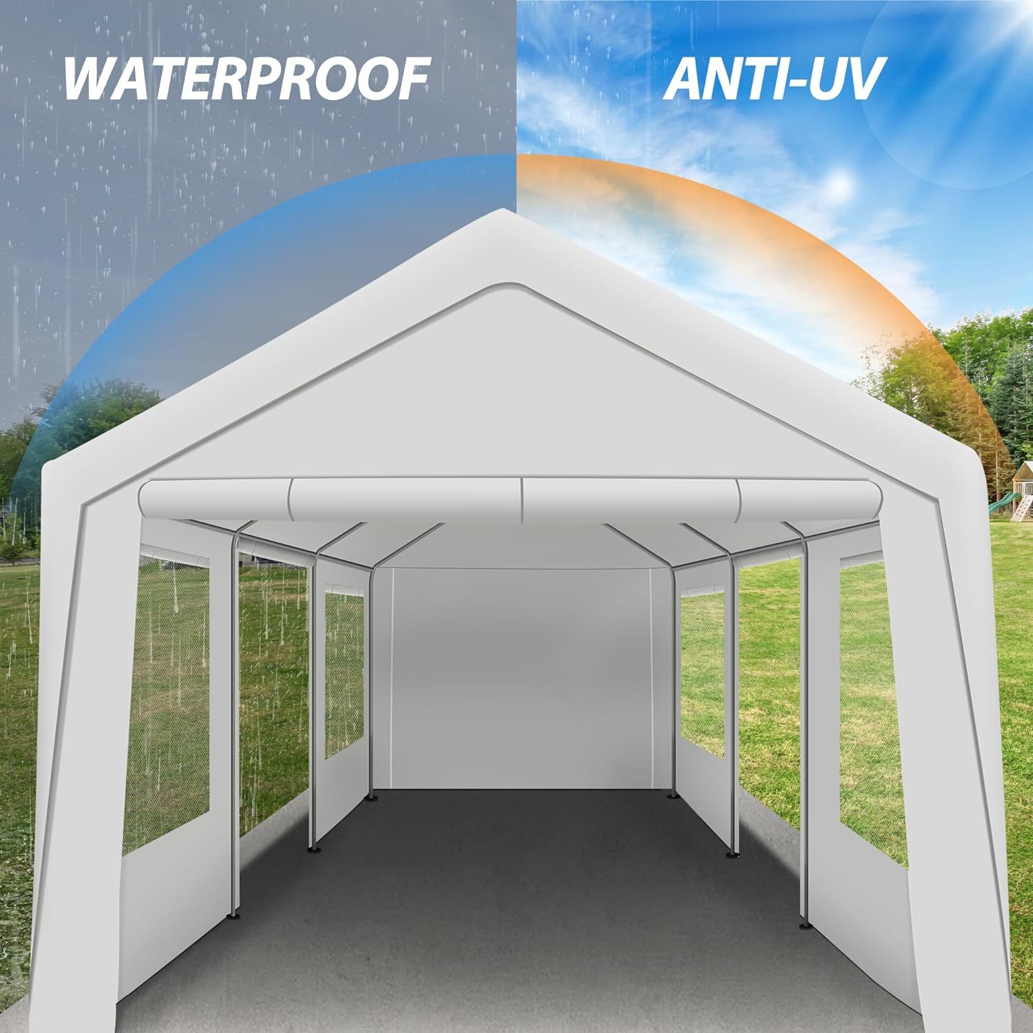 Upgraded 10 x 20Ft Heavy Duty Carport, Portable Garage Shelter with with Roll-up Sidewall and Ventilated Windows, Sand Bags, for Truck, Boat, Car(White)
