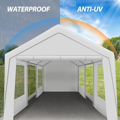 Upgraded 10 x 20Ft Heavy Duty Carport, Portable Garage Shelter with with Roll-up Sidewall and Ventilated Windows, Sand Bags, for Truck, Boat, Car(White)