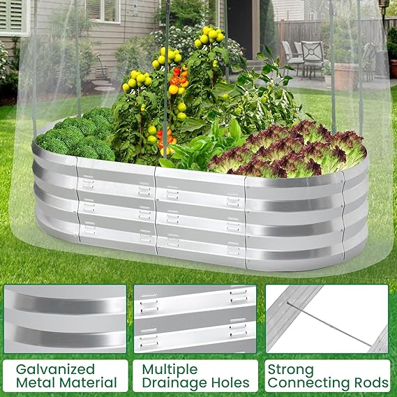 Raised Garden Bed with Greenhouse Frame and 3 Covers, Galvanized Metal Oval Planter Box for Outdoor Gardening, Tall Garden Box with Large Planting Space