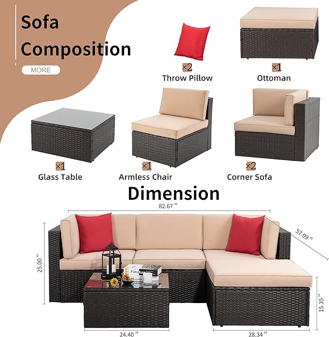 5 Pieces Patio Furniture Sets Outdoor All-Weather Sectional Patio Sofa Set