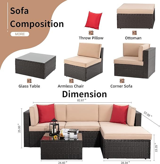 5 Pieces Patio Furniture Sets Outdoor All-Weather Sectional Patio Sofa Set