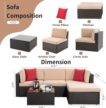5 Pieces Patio Furniture Sets Outdoor All-Weather Sectional Patio Sofa Set