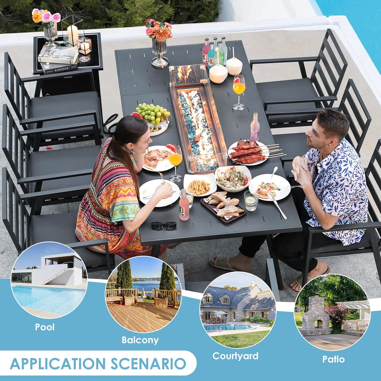 Outdoor Patio Furniture Sets Aluminum Dining Set Large Size Dining Table with Fire Pit Table