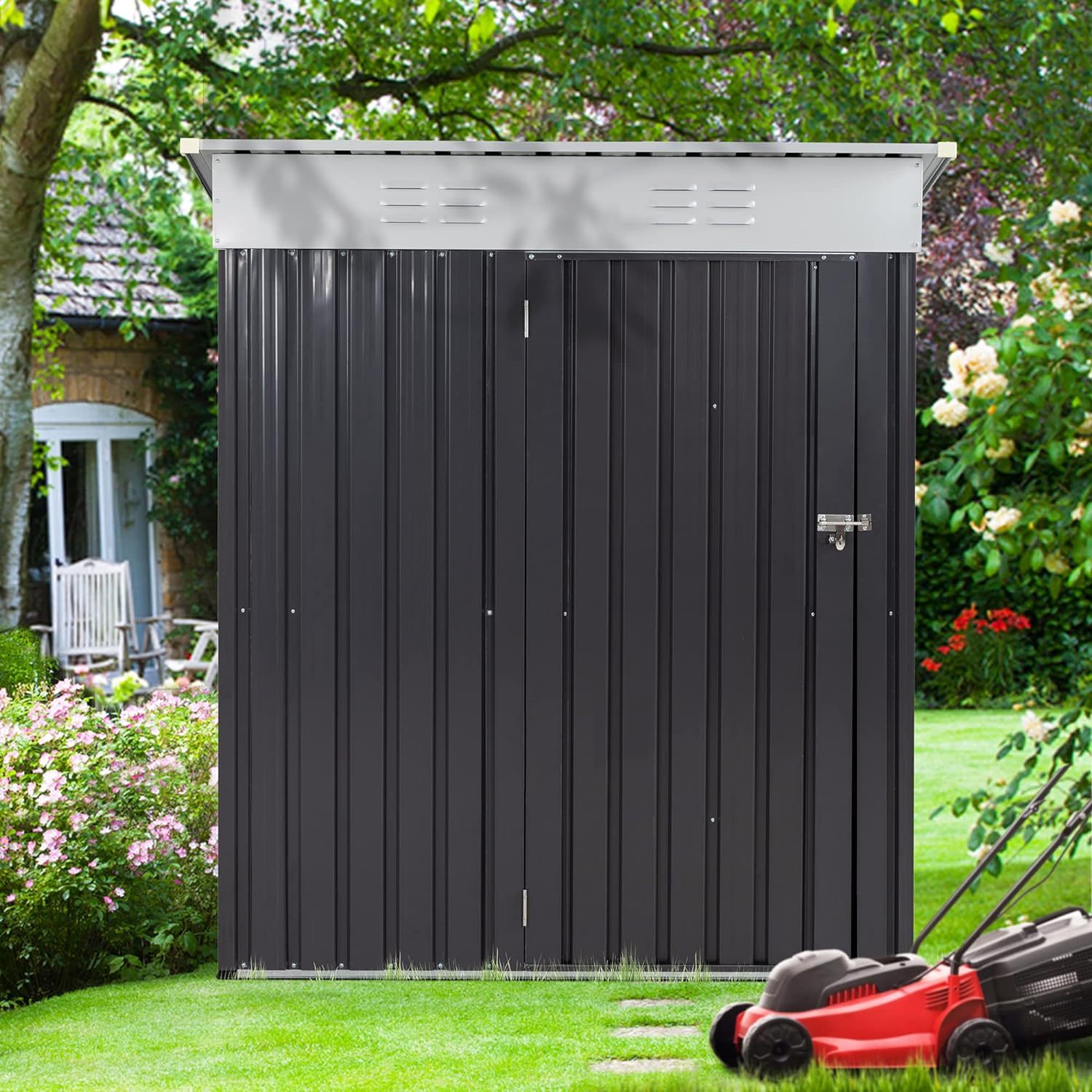 5x3 FT Outdoor Storage Shed, Waterproof Metal Garden Sheds with Lockable Single Door