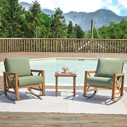 Rocking Bistro Set, 3 Piece Outdoor Patio Conversation Furniture Set with 2 Rockers and 1 Metal Coffee Table with Thick Cushions