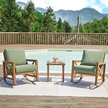 Rocking Bistro Set, 3 Piece Outdoor Patio Conversation Furniture Set with 2 Rockers and 1 Metal Coffee Table with Thick Cushions
