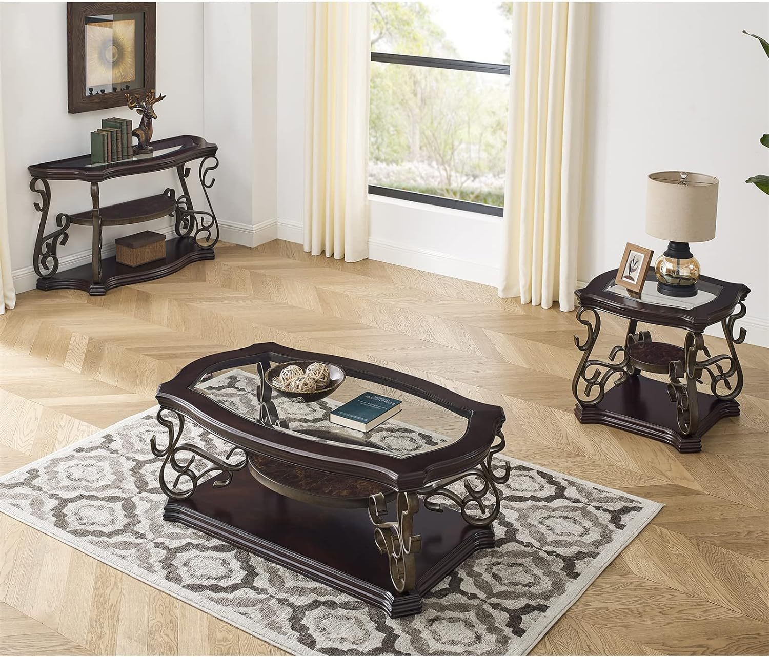 2-Tier Brown Vintage Wooden Coffee Table Retro Glass Table Top