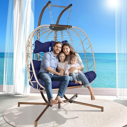 Double Egg Chair with Stand Wicker Swing Chair for 2 Person