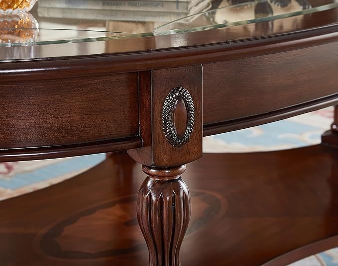 Oval Coffee Tables, Natural Wood Coffee Table, Round Solid Wood Center Large Glass Panel Coffee Table