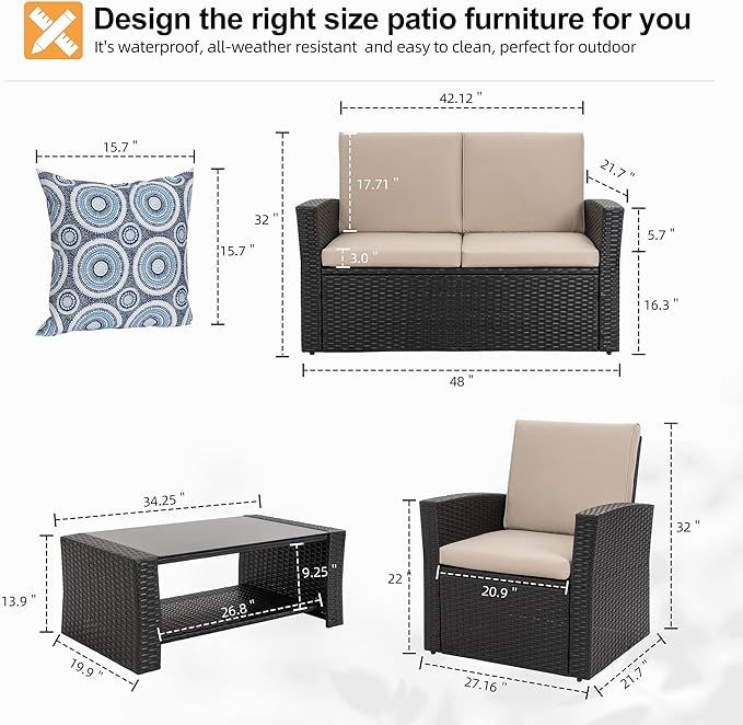 4-Piece Outdoor Patio Furniture Set, Wicker Rattan Sectional Sofa Couch with Glass Coffee Table