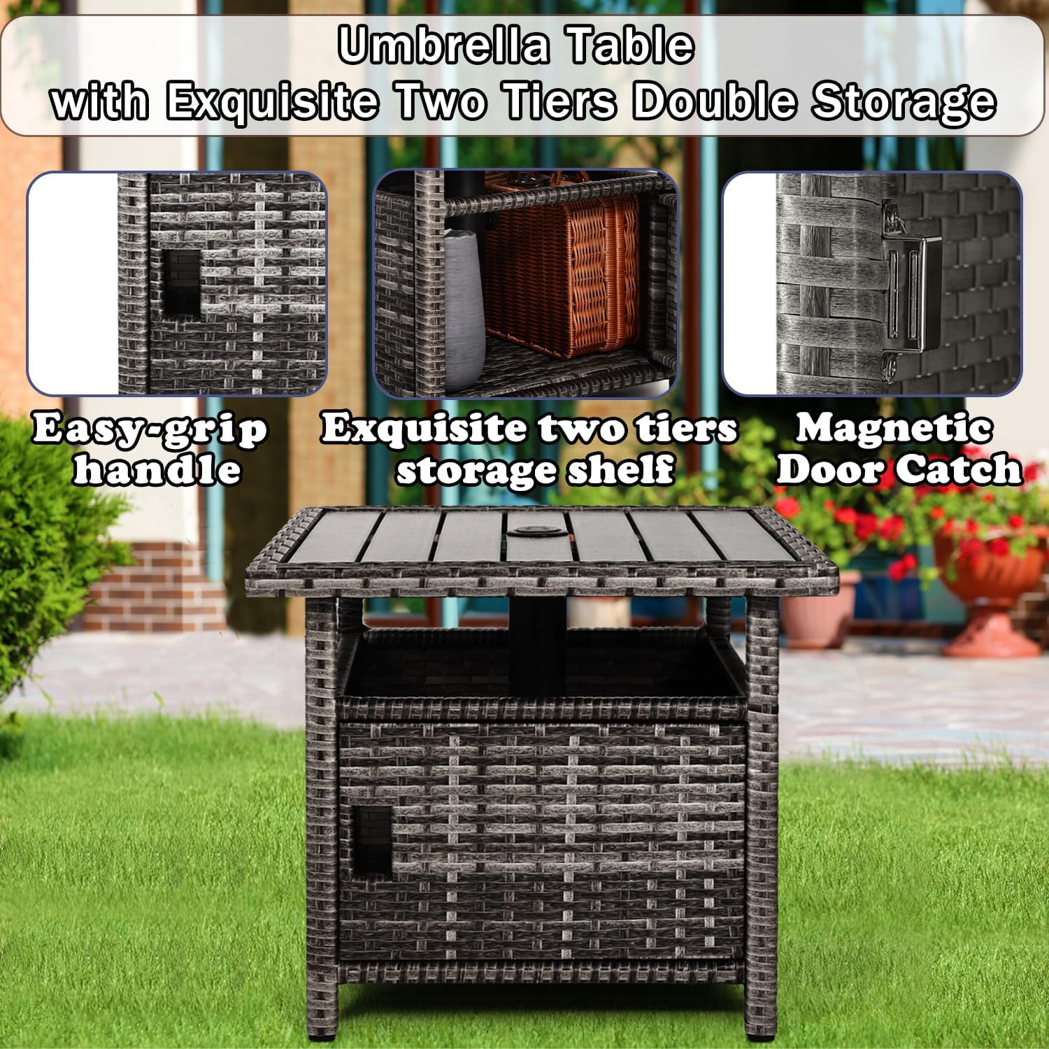 Outdoor Patio Side Table with Umbrella Hole Small Grey Wicker Umbrella Stand Table