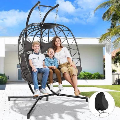 Double Egg Chair with Stand Wicker Swing Chair for 2 Person