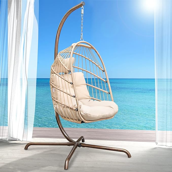 Hanging Egg Chair with Stand Outdoor Swinging Egg Chair with Water Resistant Cushion