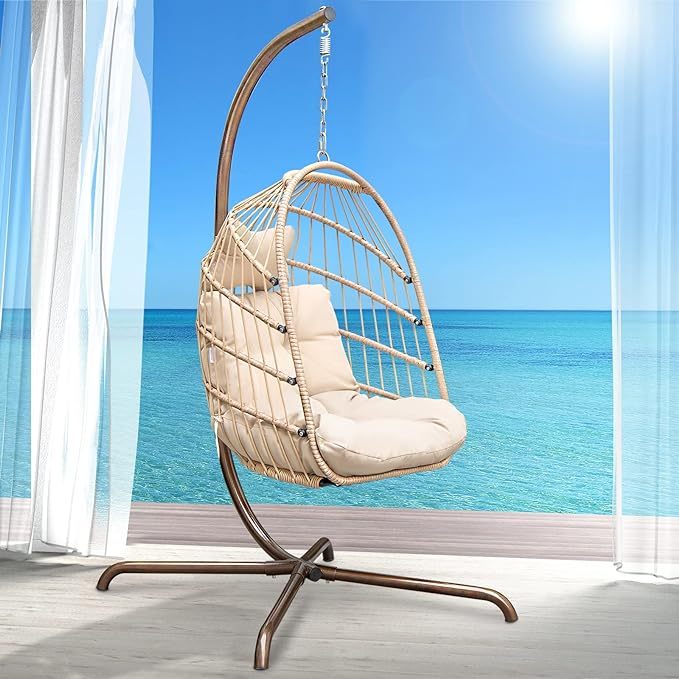 Hanging Egg Chair with Stand Outdoor Swinging Egg Chair with Water Resistant Cushion