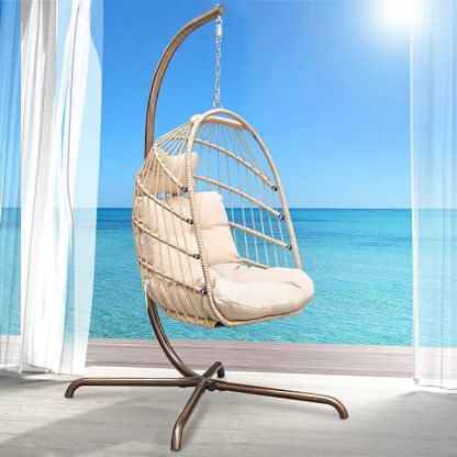 Hanging Egg Chair with Stand Outdoor Swinging Egg Chair with Water Resistant Cushion