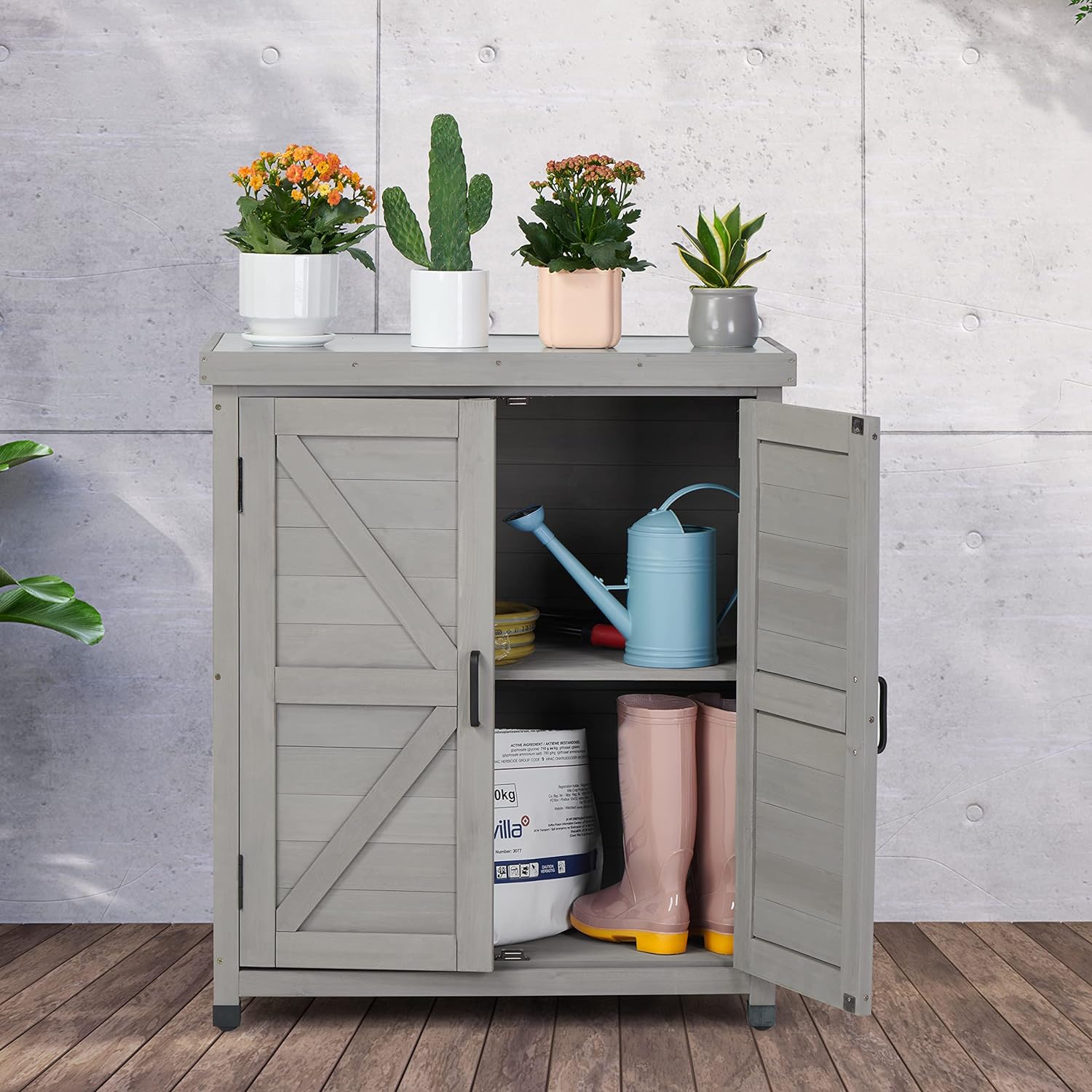 Outdoor Storage Cabinet & Potting Bench Table with Metal Top, Wooden Patio Furniture, Garden Workstation