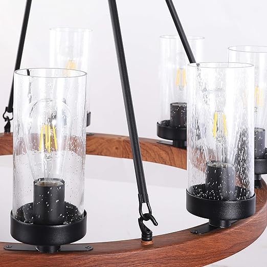 8-Light Farmhouse Chandeliers for Dining Room, 30 inch Rustic Wagon Wheel Chandelier with Seeded Glass Shade, Antique Vintage Round Wood-Painted Hanging Lighting Kitchen Island Living Room