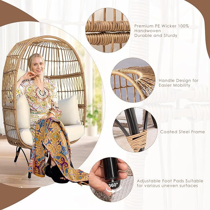 Oversized Wicker Egg Chair Hand-Woven Stable and Sturdy 440 lbs. Load
