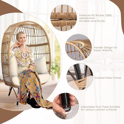 Oversized Wicker Egg Chair Hand-Woven Stable and Sturdy 440 lbs. Load