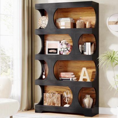 4-Tier S-Shaped Bookshelf, Wood Decorative Storage Shelving, Modern Freestanding Display Shelves