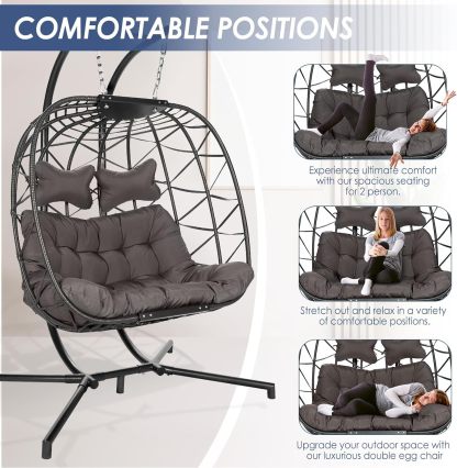 Double Egg Chair with Stand Wicker Swing Chair for 2 Person
