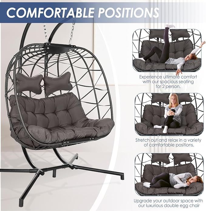 Double Egg Chair with Stand Wicker Swing Chair for 2 Person, Rattan Wicker Hanging Egg Chair