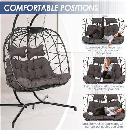 Double Egg Chair with Stand Wicker Swing Chair for 2 Person, Rattan Wicker Hanging Egg Chair