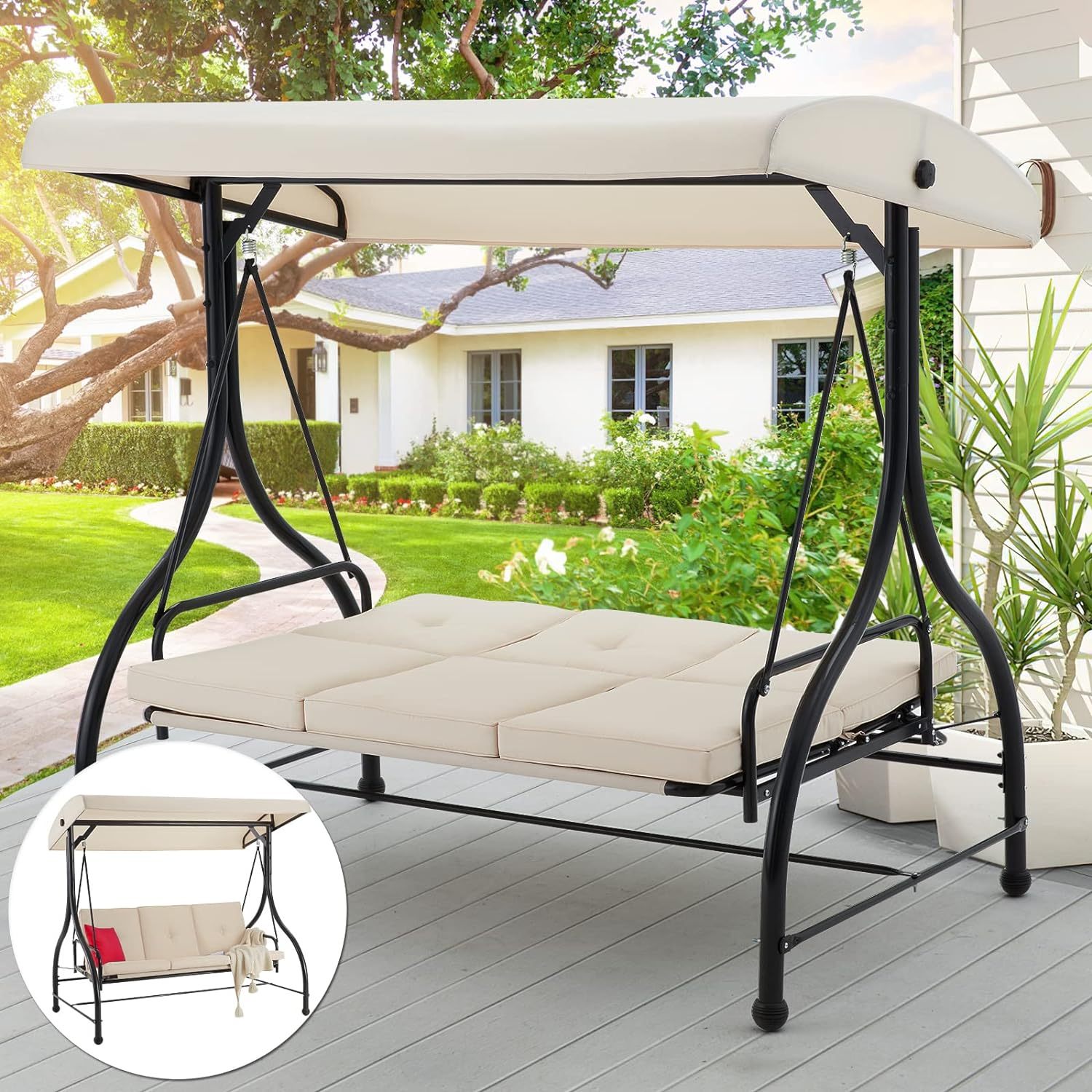 3-Seat Outdoor Patio Swing Chair, Converting Swing Glider Canopy Hammock w/Adjustable Backrest and Canopy, Removable Cushions for Porch, Backyard, Poolside, Beige