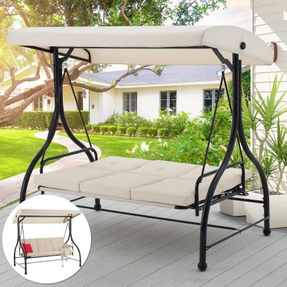 3-Seat Outdoor Patio Swing Chair, Converting Swing Glider Canopy Hammock w/Adjustable Backrest and Canopy, Removable Cushions for Porch, Backyard, Poolside, Beige