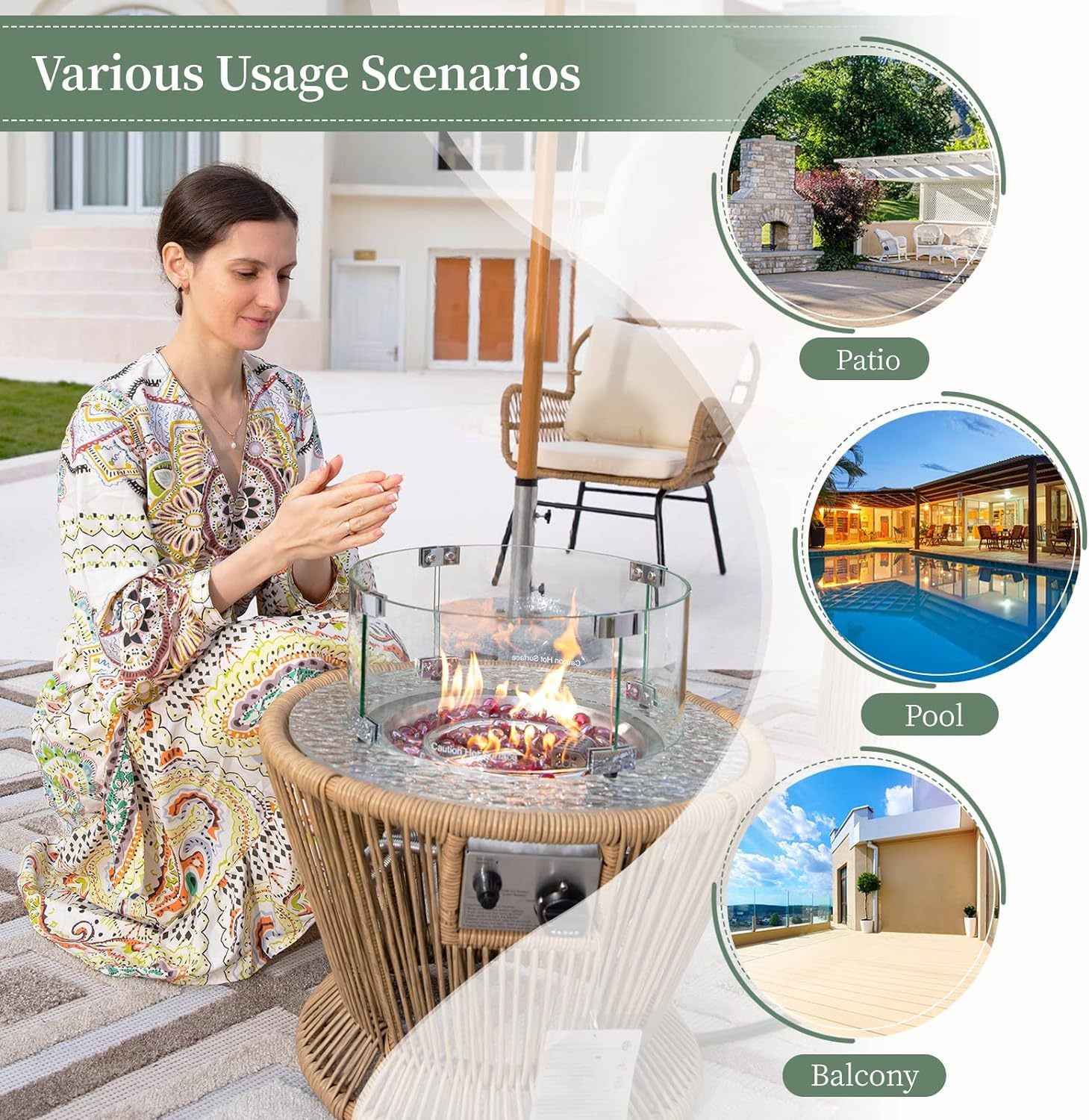 21'' Round Propane Natural Gas Fire Pit Espresso PE Wicker Fire Pit for Outdoor