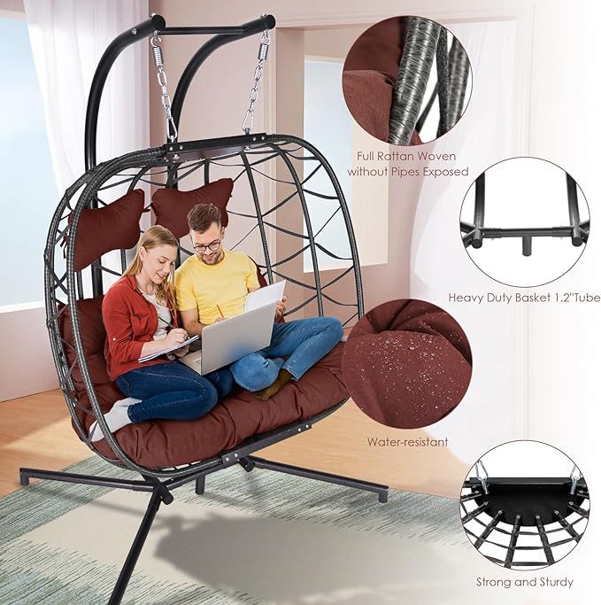 Double Egg Chair with Stand Wicker Swing Chair for 2 Person