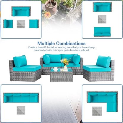 5 Pieces Outdoor Patio Sectional Sofa Couch, Silver Gray PE Wicker Furniture Conversation Set