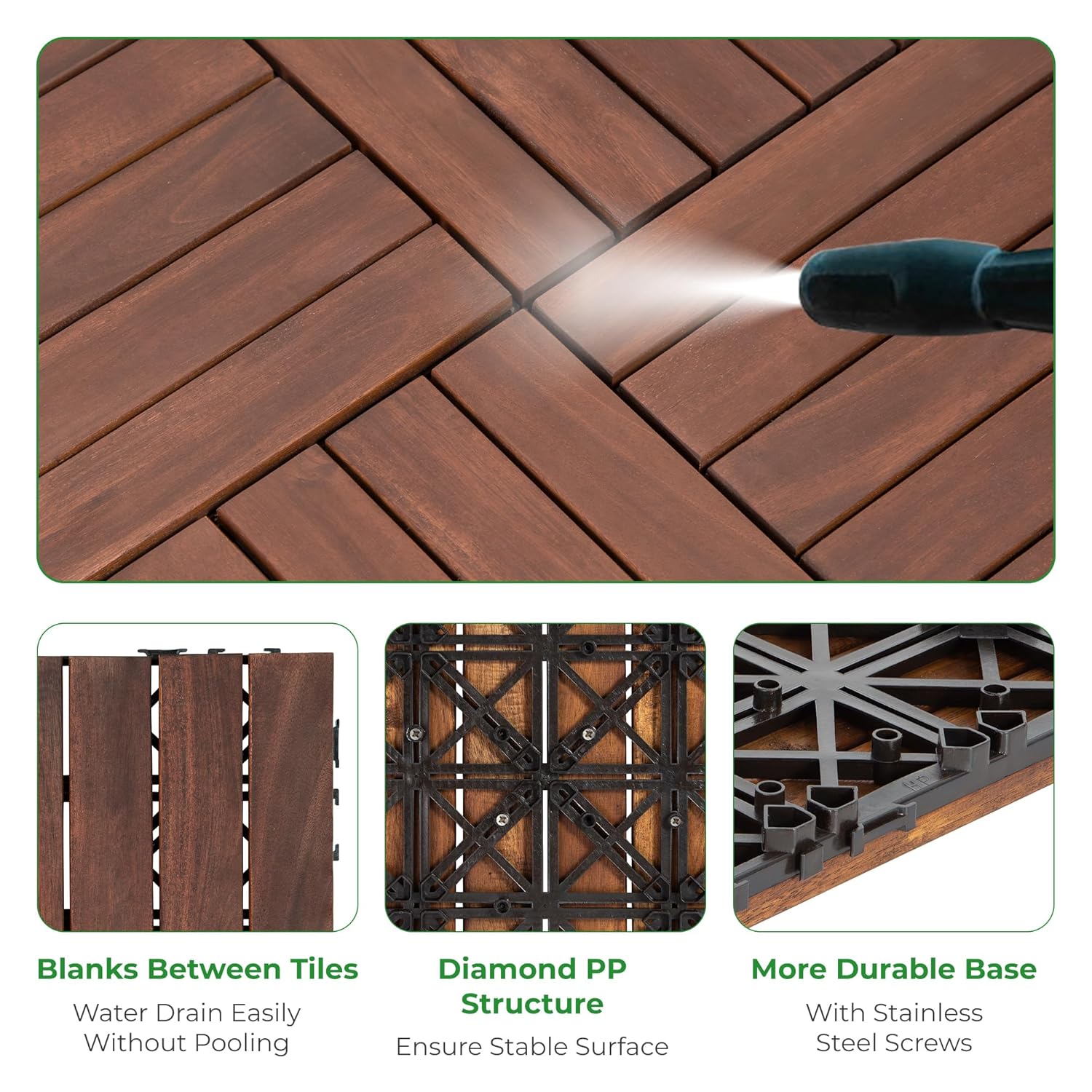 10Pcs Acacia Interlocking Tiles Patio 12"x12"x0.94"