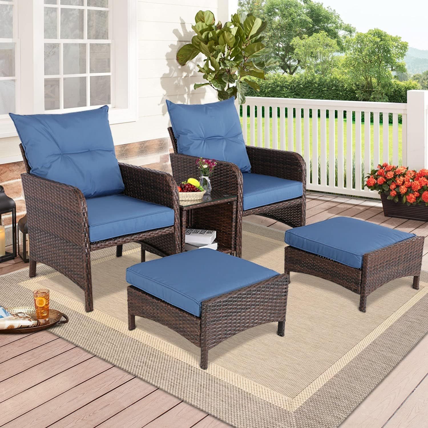 5 Pieces Wicker Conversation Sets Patio Outdoor Furniture Set with PE Rattan Indoor & Outdoor Furniture Set with Coffee Table for Backyard Porch and Garden
