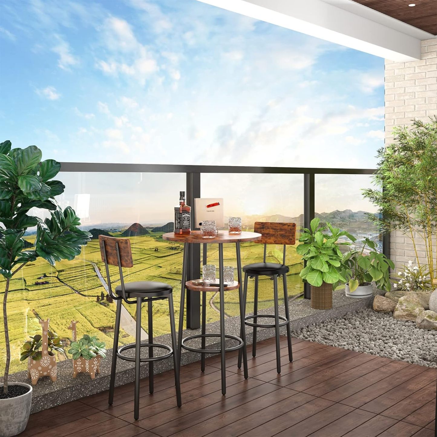 3-Piece Bar Table Set for 2, Small 2-Tier Round Bistro Pub Dining Table & PU Upholstered Stools with Backrest