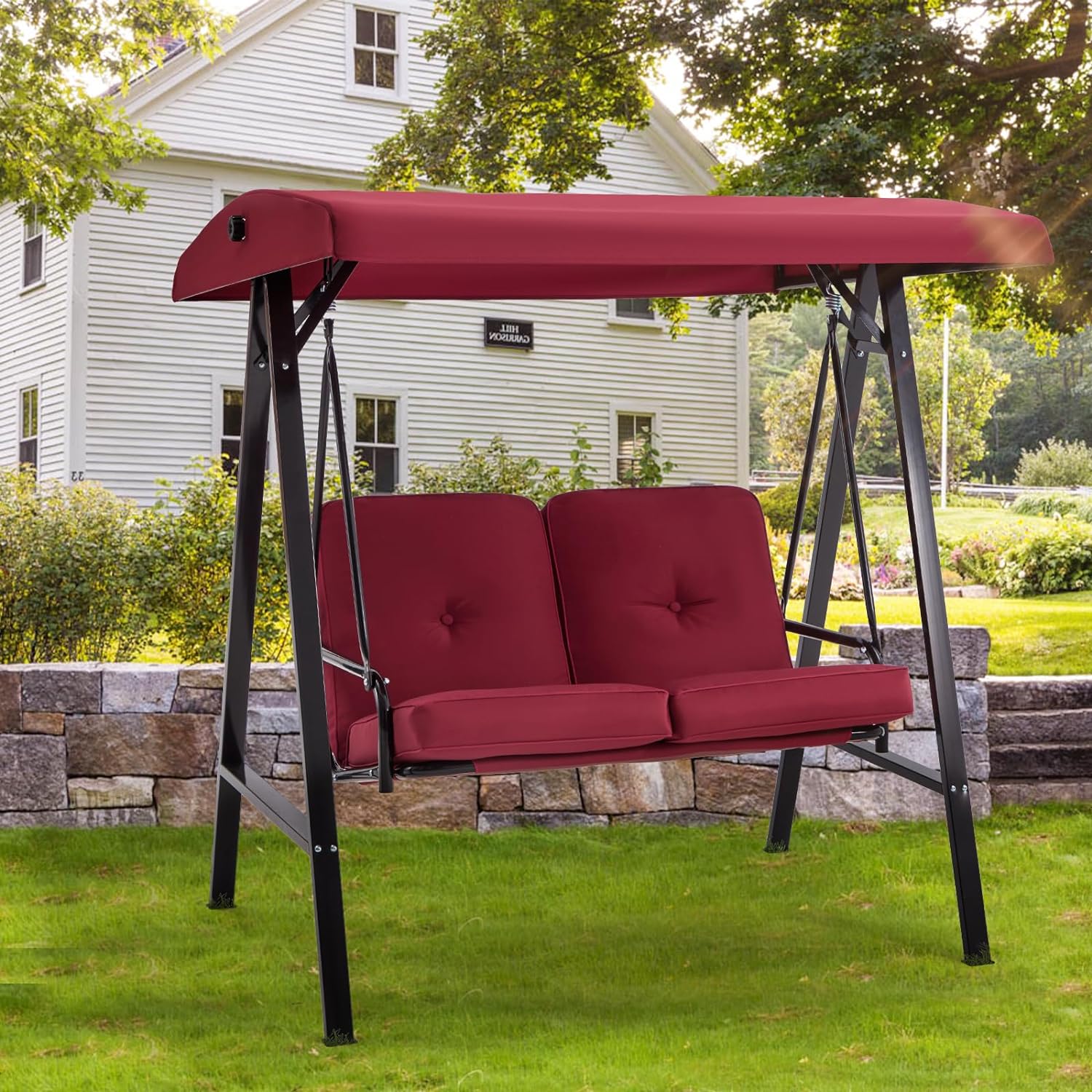 2-Seat Outdoor Patio Swing Chair, Canopy Swing with Removable Cushions & Adjustable Canopy & Steel Frame for Garden, Porch, Balcony, Backyard, Red