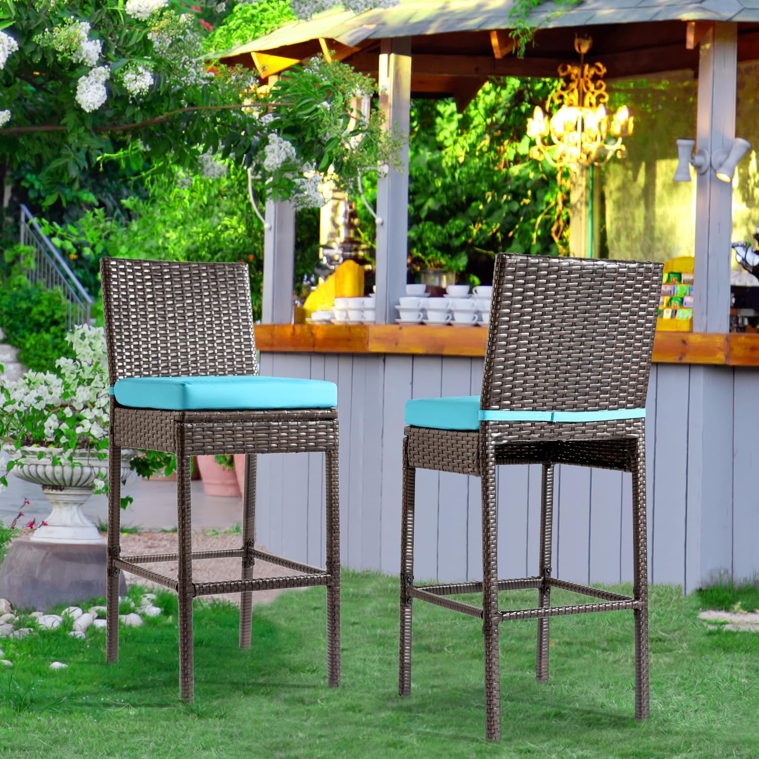Outdoor Wicker Bar Stool Set of 2,30'' Seat Height Patio Counter Height Bar Chairs