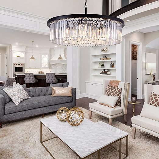 Crystal Chandeliers,9 Lights Large Black Light Fixture,3 Tiers Modern Farmhouse Chandelier for Dining Room,Round Ceiling Light Fixture for Living Room,Kitchen,Bedroom,Foyer, Entryway,W-33.46”