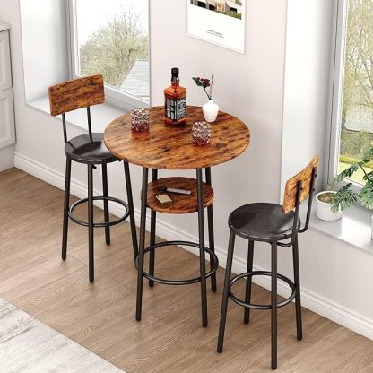 3-Piece Bar Table Set for 2, Small 2-Tier Round Bistro Pub Dining Table & PU Upholstered Stools with Backrest