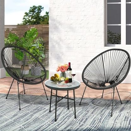3 Piece Acapulco Conversation Set, Patio Bistro Set, All Weather Patio Set, Outdoor Furniture Rattan Chair Sets, Glass Top Table and 2 Chairs for Indoor, Lawn, Garden, Poolside (Black)